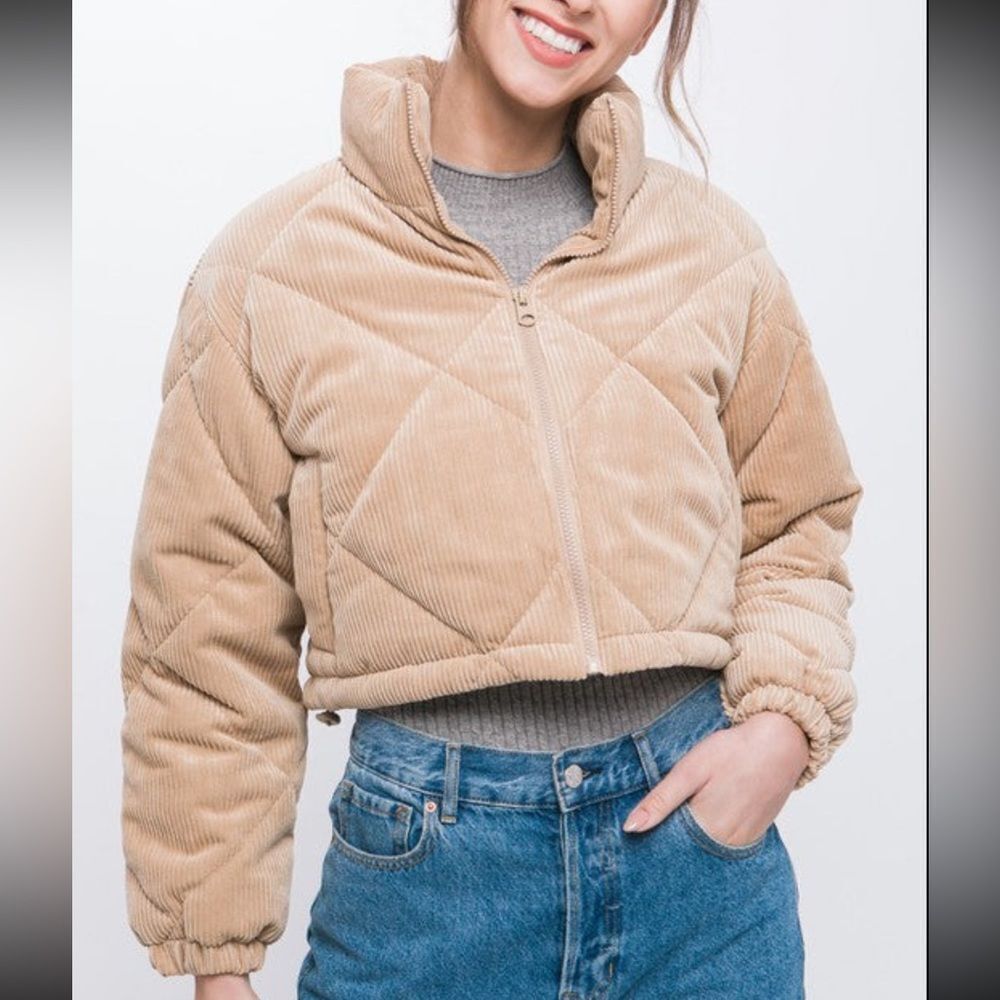 Khaki corduroy puff crop warm jacket NWT